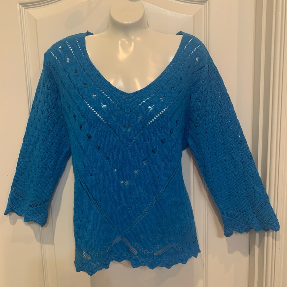 Joseph A Cotton Blend Blue Sweater Crochet L NWT